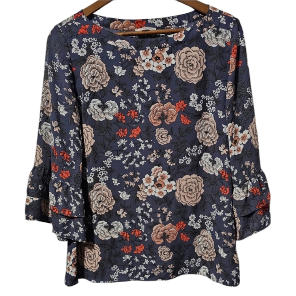 LOFT Floral Flounced Sleeve Blouse – Size Medium | Chambray Blue/Floral - Picture 1 of 5